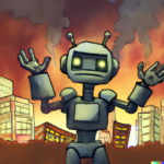 Robot haussant les épaules devant une ville sombre au crépuscule.